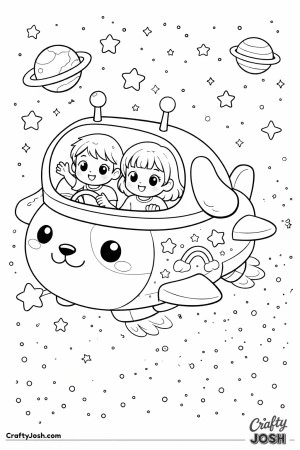 A cute animal-shaped spaceship flies through outer space with smiling kids sitting inside while stars, planets, and a moon surround them