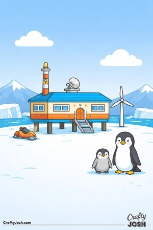 This chilly Antarctica scene was inspired by a bright and simple color picture of a research station on the ice