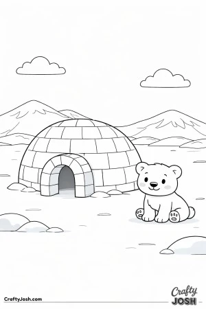 A curious polar bear cub sits beside an igloo under a wide Arctic sky with fluffy clouds