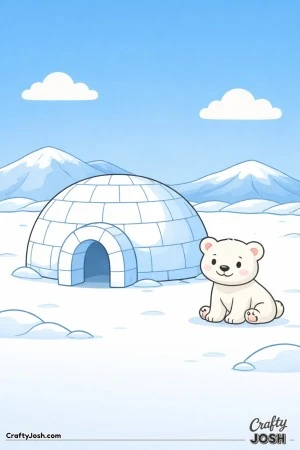 A curious polar bear cub sits beside an igloo under a wide Arctic sky with fluffy clouds