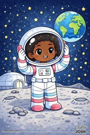 This confident astronaut adjusts her helmet while standing proudly near a futuristic moon base.