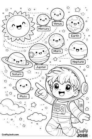 astronaut with messy hair points toward a set of smiling planets that float in order with name labels, with the sun nearby and stars and clouds ..