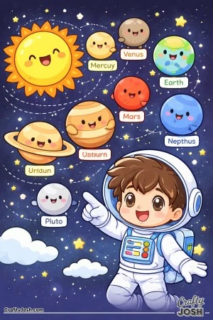 astronaut with messy hair points toward a set of smiling planets that float in order with name labels, with the sun nearby and stars and clouds ..