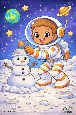 On the moon, this playful astronaut is busy building a tiny snowman made from soft clouds of moon dust.
