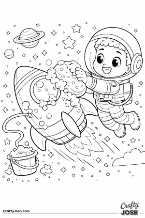 A smiling boy astronaut floats in space while scrubbing a spaceship with a giant sponge, with soap bubbles and a floating bucket nearby among stars ..