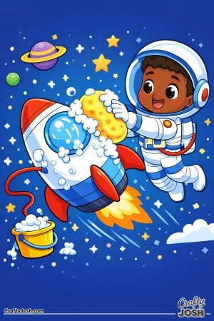 A smiling boy astronaut floats in space while scrubbing a spaceship with a giant sponge, with soap bubbles and a floating bucket nearby among stars ..