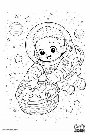 A smiling boy astronaut floats in space as he drops star-shaped rocks into a basket that drifts beside him, with planets and stars in the background