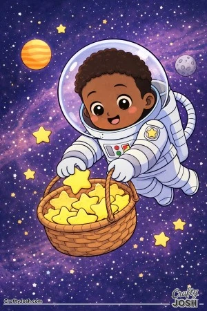 A smiling boy astronaut floats in space as he drops star-shaped rocks into a basket that drifts beside him, with planets and stars in the background