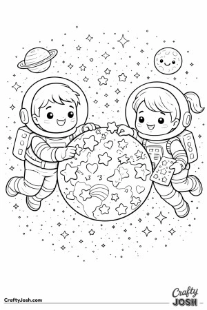 A boy and girl astronaut float in space as they decorate a smiling planet with star and heart stickers, surrounded by twinkly stars and a couple of ..
