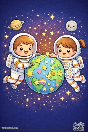 A boy and girl astronaut float in space as they decorate a smiling planet with star and heart stickers, surrounded by twinkly stars and a couple of ..