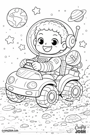 Zoom! This cheerful astronaut is cruising across the moon in a tiny rover, bouncing over rocks and kicking up clouds of lunar dust.