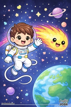 A friendly astronaut boy floats through space, happily waving as a smiling comet zooms by.