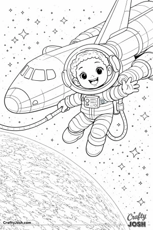 Astronaut floats in space holding a safety rope while waving beside a space shuttle, with stars and the curved edge of Earth below