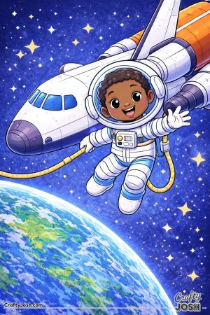 Astronaut floats in space holding a safety rope while waving beside a space shuttle, with stars and the curved edge of Earth below