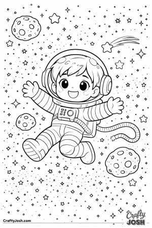 Astronaut floats gently through outer space as tiny meteor dust drifts around him like snow, surrounded by stars and small asteroids