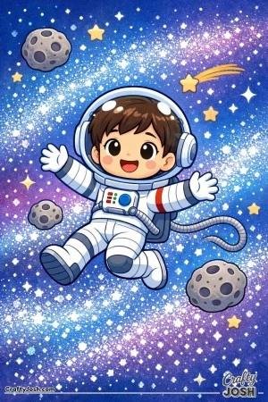 Astronaut floats gently through outer space as tiny meteor dust drifts around him like snow, surrounded by stars and small asteroids