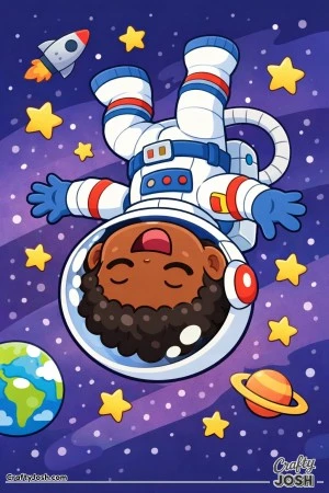 A curious little astronaut kneels on the moon, planting bright flowers where no garden has grown before.