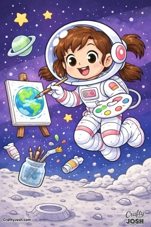 Up in space, this creative astronaut is floating freely while painting a beautiful picture of Earth on her tiny canvas.