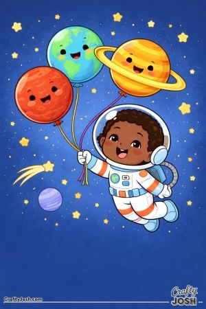 A astronaut girl floats in space while holding planet balloons shaped like Earth, Mars, and Saturn