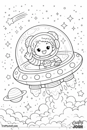 Astronaut waves from inside a round bubble spaceship as it flies through a sky full of stars, a shooting star, a ringed planet, and fluffy clouds ..