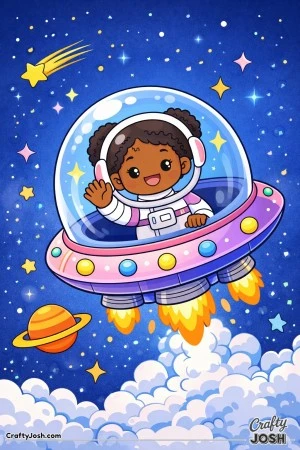 Astronaut waves from inside a round bubble spaceship as it flies through a sky full of stars, a shooting star, a ringed planet, and fluffy clouds ..
