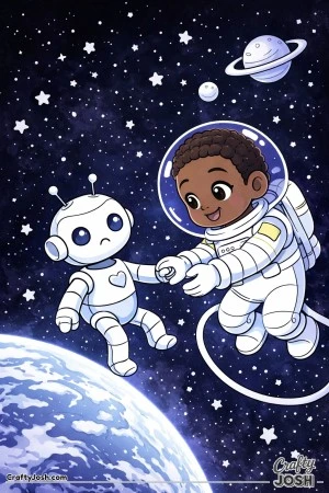 Drifting high above the stars, a kind astronaut reaches out to help a small robot lost in space.