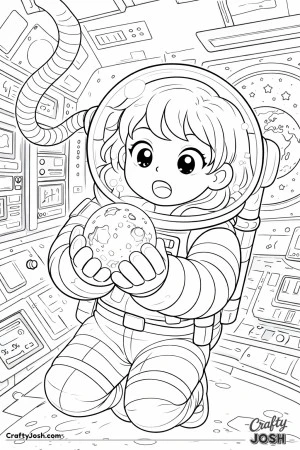 Drifting in space, this curious astronaut gazes in amazement at a mysterious glowing moon crystal.