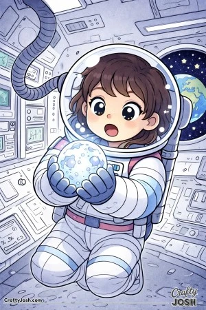 Drifting in space, this curious astronaut gazes in amazement at a mysterious glowing moon crystal.