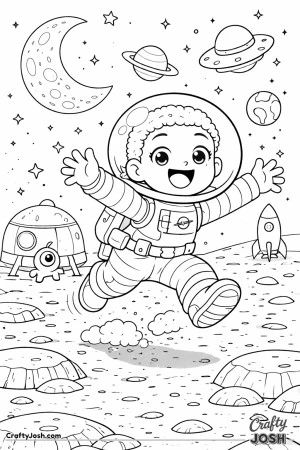 This excited astronaut leaps between moon rocks with arms wide and a huge smile.