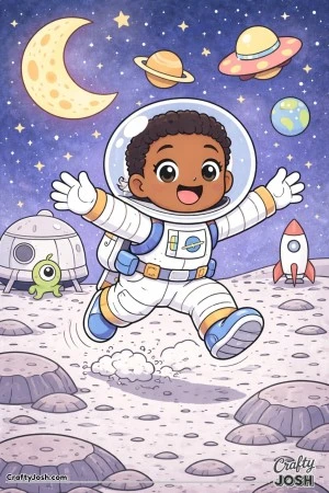 This excited astronaut leaps between moon rocks with arms wide and a huge smile.