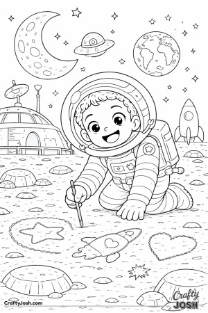 This creative astronaut kneels on the moon, happily drawing shapes in the dusty ground.