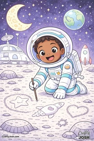 This creative astronaut kneels on the moon, happily drawing shapes in the dusty ground.
