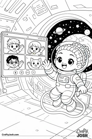 Floating in a space station, a friendly astronaut leads a video call from orbit, waving through a glowing screen.