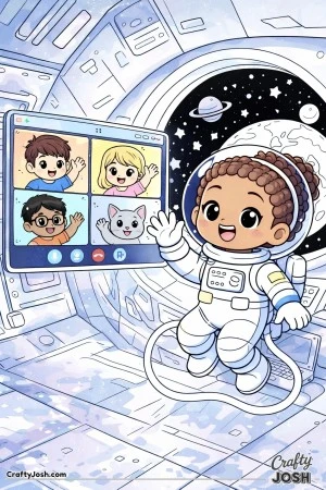 Floating in a space station, a friendly astronaut leads a video call from orbit, waving through a glowing screen.