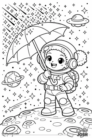 Astronaut stands on a cratered moon holding an open umbrella while sparkly stars and space shapes fall around her, with a ringed planet and a little ..