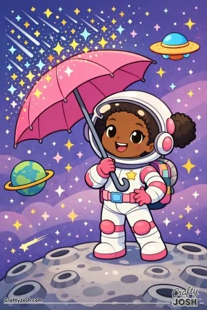 Astronaut stands on a cratered moon holding an open umbrella while sparkly stars and space shapes fall around her, with a ringed planet and a little ..