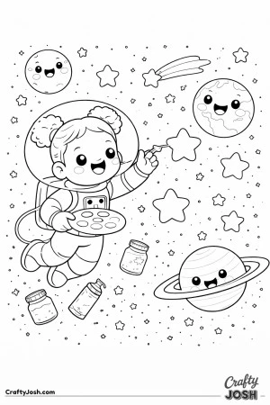 A girl astronaut floats through space while painting star shapes with a brush and palette
