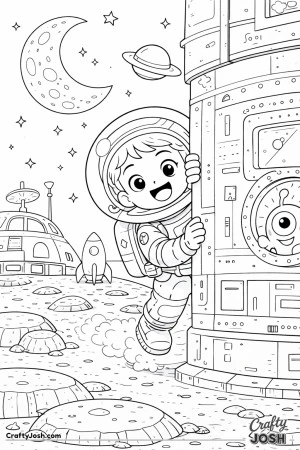 This playful astronaut peeks around the space station, grinning in the middle of a moon-based hide-and-seek game.