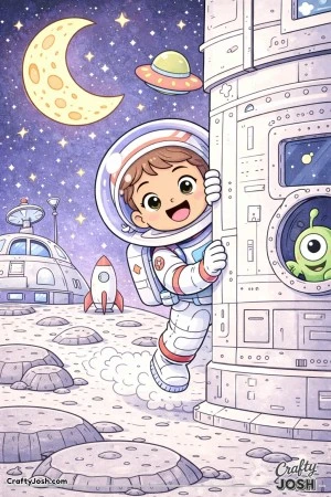 This playful astronaut peeks around the space station, grinning in the middle of a moon-based hide-and-seek game.