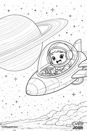 astronaut pilots a small spaceship through space as he flies past a large ringed planet surrounded by stars