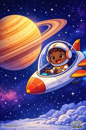 astronaut pilots a small spaceship through space as he flies past a large ringed planet surrounded by stars