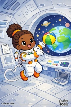 Inside a space station, a playful astronaut floats freely while tossing a ball in zero gravity.