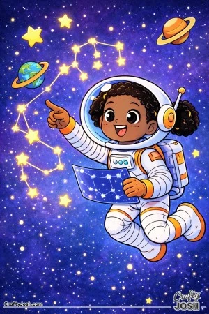 Floating among the stars, this curious astronaut is busy spotting constellations and matching them to her star map.