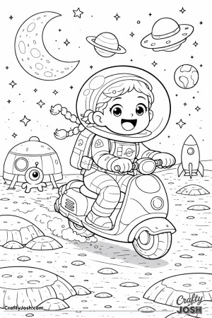 This adventurous astronaut zooms across the moon on a speedy scooter, smiling from ear to ear.