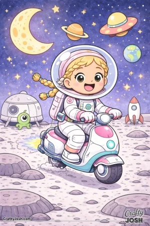 This adventurous astronaut zooms across the moon on a speedy scooter, smiling from ear to ear.