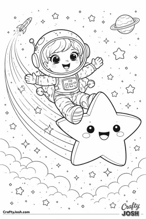 A happy girl astronaut slides through space on a smiling shooting star with a rainbow trail