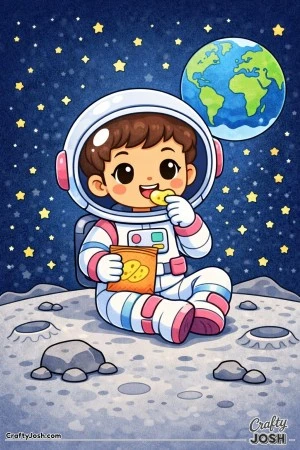 This cheerful astronaut takes a snack break while sitting on the moon, smiling up at the stars.
