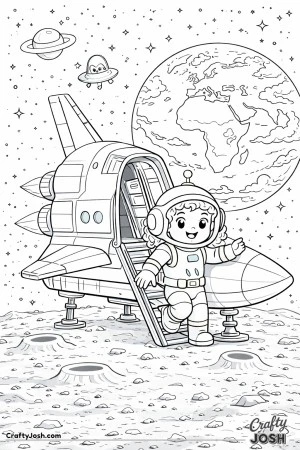 A girl astronaut steps down a ladder from a space shuttle onto the moon’s rocky surface