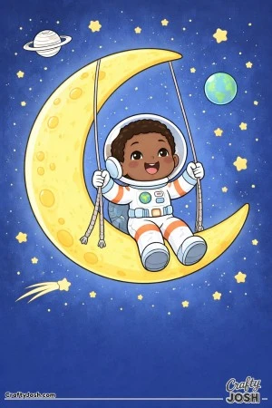 A happy boy astronaut sits on a crescent moon like a swing, holding the ropes as he floats in space