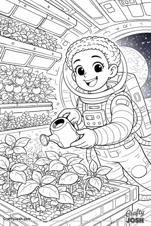 A young astronaut floats inside a space station greenhouse, watering leafy plants with a small watering can while Earth shines through a round window